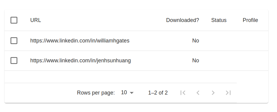 Profiles to download table