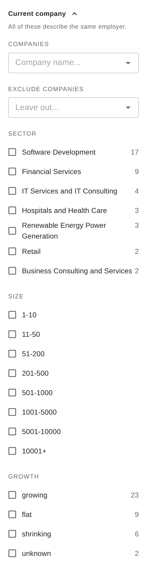 Current company filters