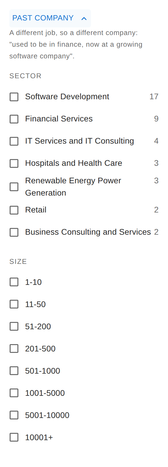 Past company filters